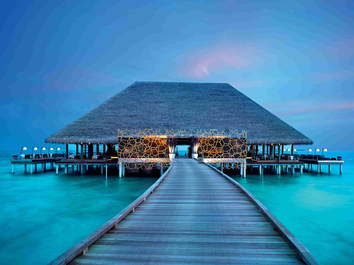 Aragu, the signature restaurant at Velaa Private Island in Noonu Atoll, seen from outside