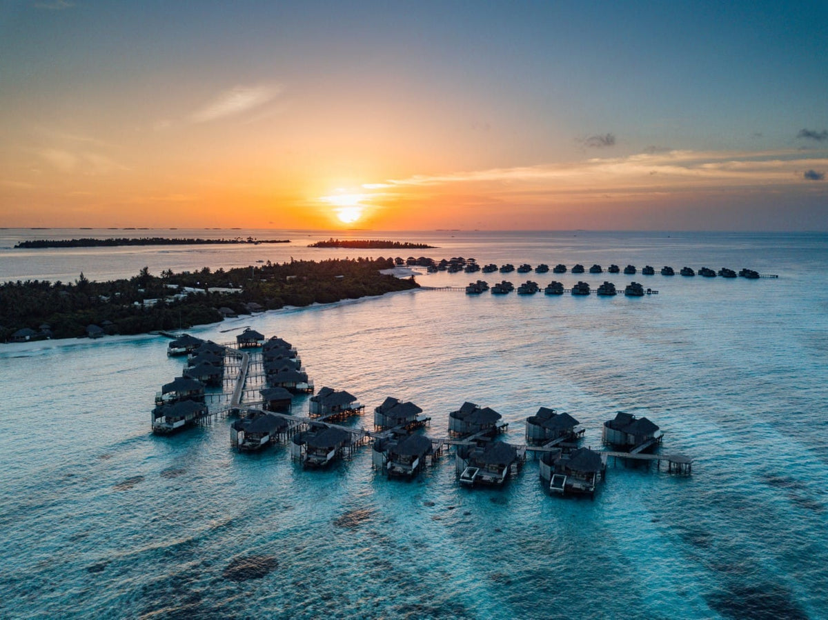 Six Senses Laamu, Laamu Atoll, from the air at sunset