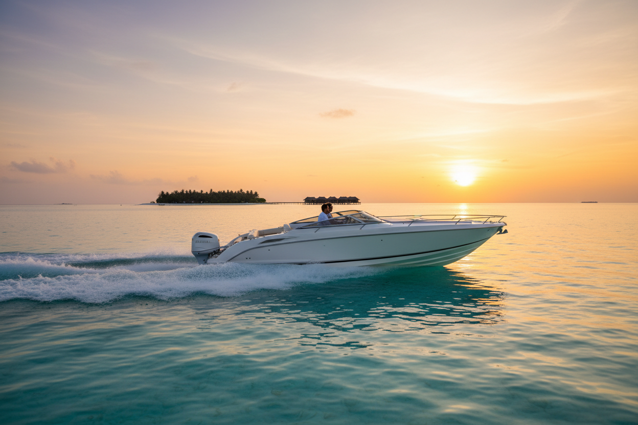 Speedboat transfer at sunset, Maldives