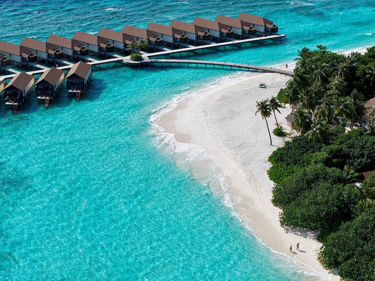 The beach, palms and overwater villas at Reethi Faru Resort from the air.