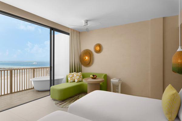 Another view of a Panoramic Lagoon Room with Open-Air Bath at Centara Mirage Lagoon Maldives.