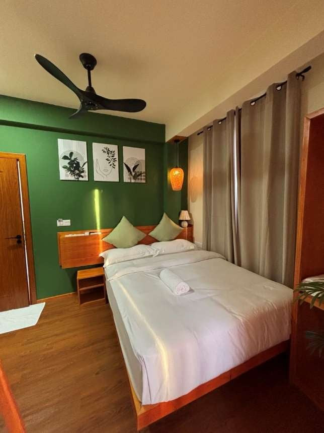 Ruka Maldives Dhiffushi, North Malé Atoll: Standard Room with a double bed, a green feature wall, a ceiling fan and a wooden floor