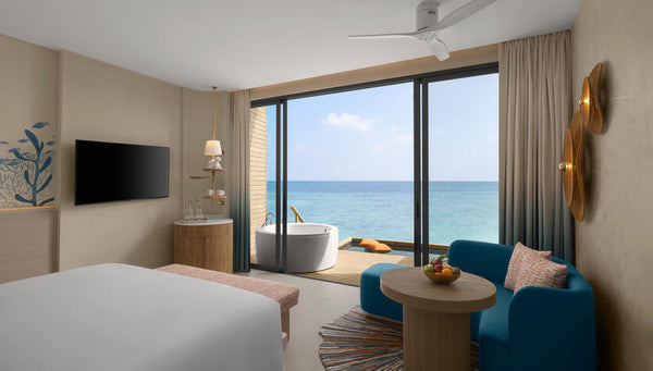 An Overwater Sunrise Villa with Jacuzzi at Centara Mirage Lagoon Maldives.