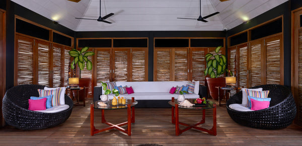 A seating pavilion at Taj Coral Reef Resort & Spa, Maldives.