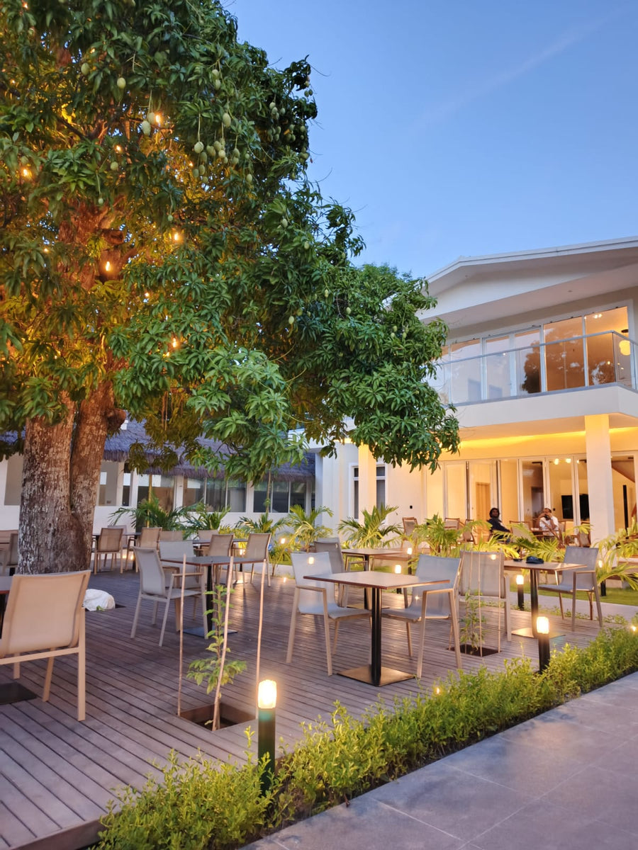 Cozy Deck at Cozy Nest Fuvahmulah in the evening, lit beneath the mango tree beside the hotel