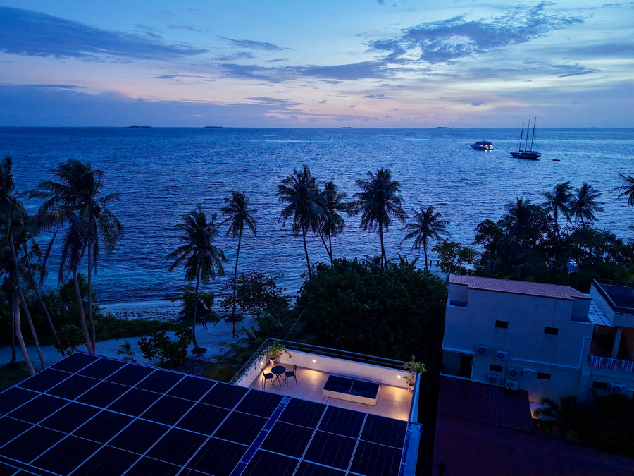 The sea and palm-lined shore at dusk, seen from the roof of Cozy Art Dhangethi