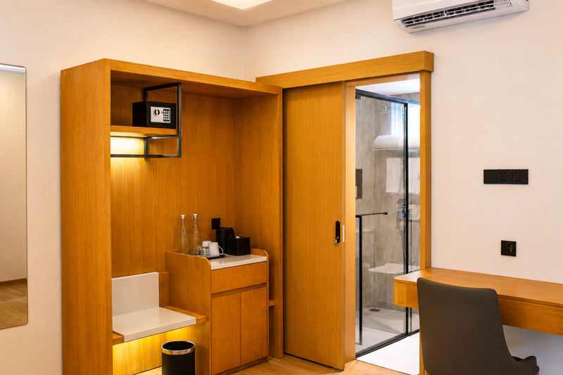 Timber wardrobe and desk with a kettle tray in a room at Cozy Nest Fuvahmulah