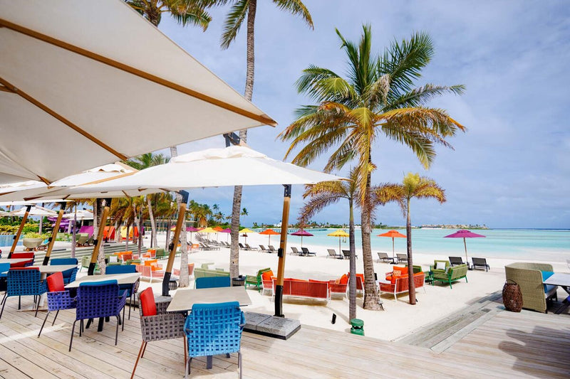 Loungers and parasols on the beach at Hard Rock Hotel Maldives, under the palms.