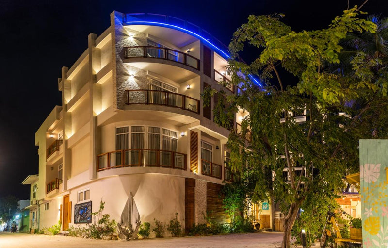 Velana Beach Hotel lit up at night