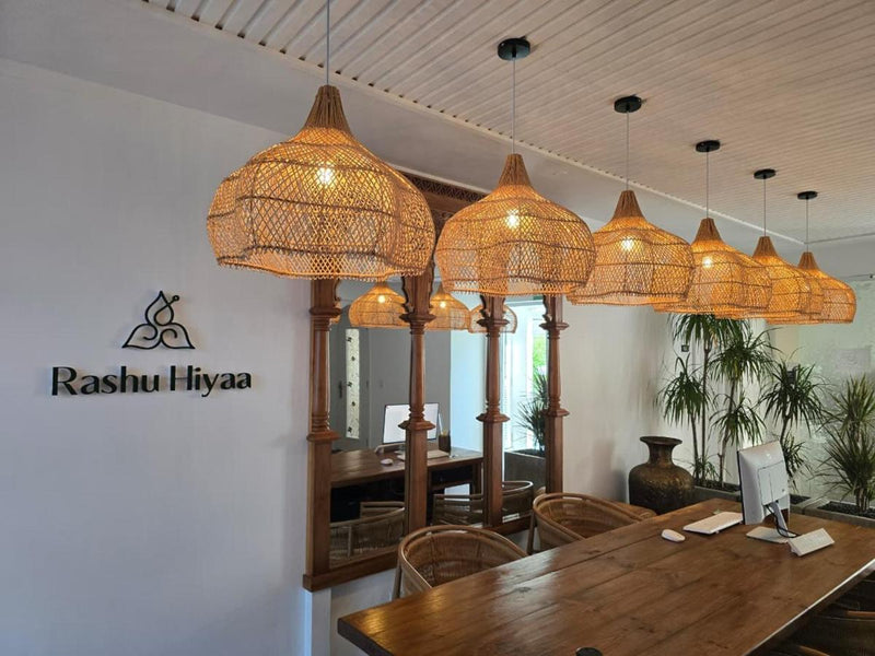 Restaurant at Rashu Hiyaa with woven pendant lights