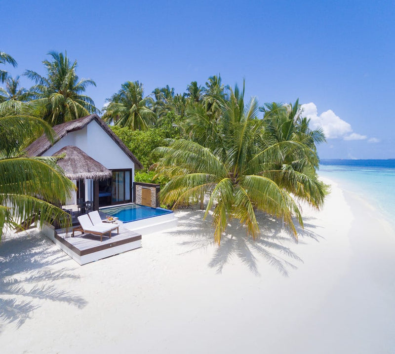 A Beach Pool Villa at Bandos Maldives, its pool and deck on the sand among palms.