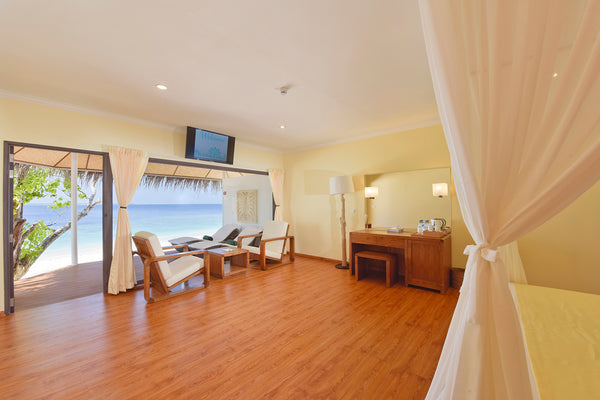 A beach bungalow at Dreamland Maldives.