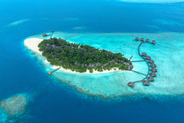 Aerial view of Adaaran Club Rannalhi and its reef
