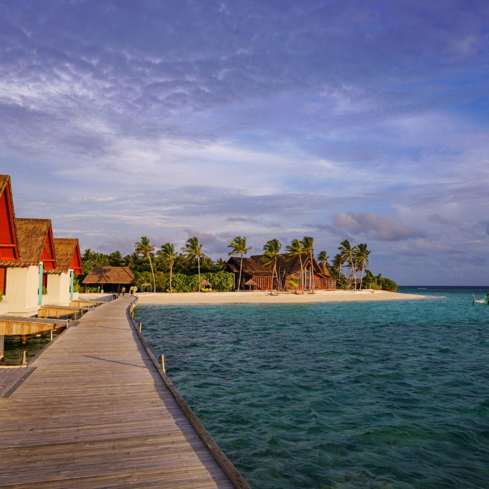 Furaveri seen from the arrival jetty at dusk, the palm-covered island stretching along the lagoon in Raa Atoll