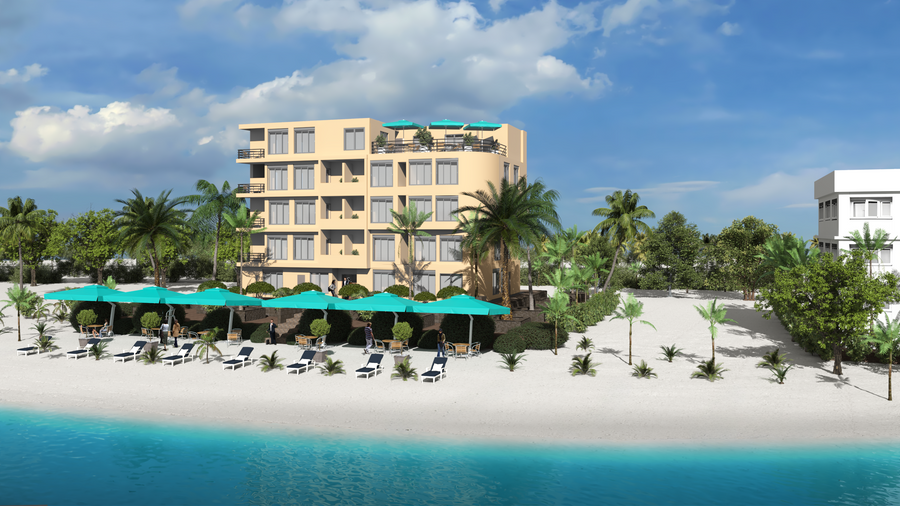 Avyanna Gulhi Beach Hotel behind the palms, with sun umbrellas on the beach in front