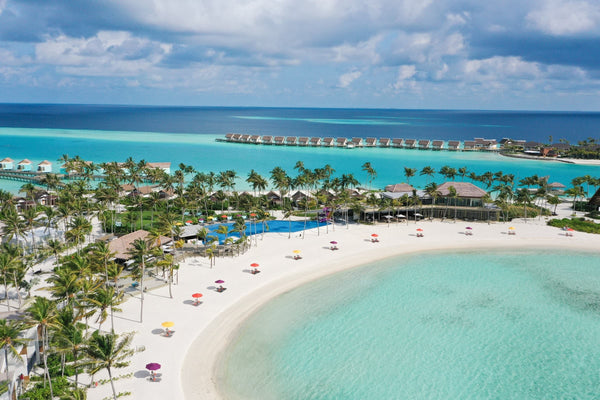 Hard Rock Hotel Maldives from the air, the beach, pool and lagoon frontage.