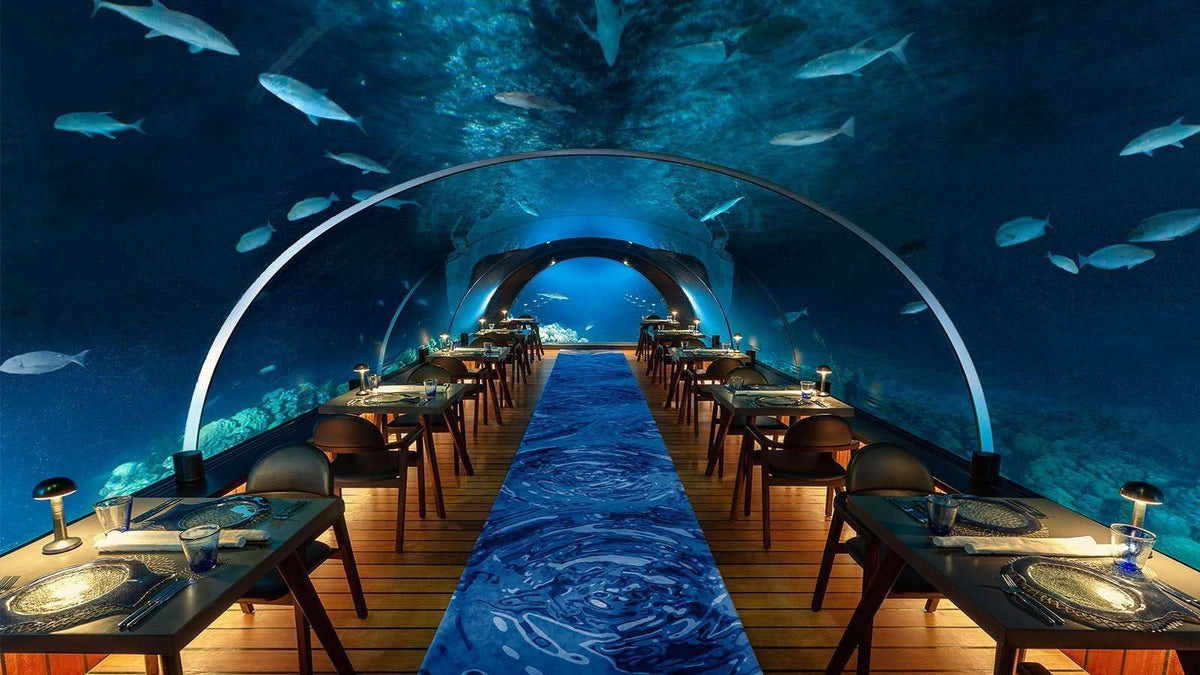 Tables laid for dinner along the glass tunnel of 5.8 Undersea Restaurant at Hurawalhi Maldives, reef fish outside