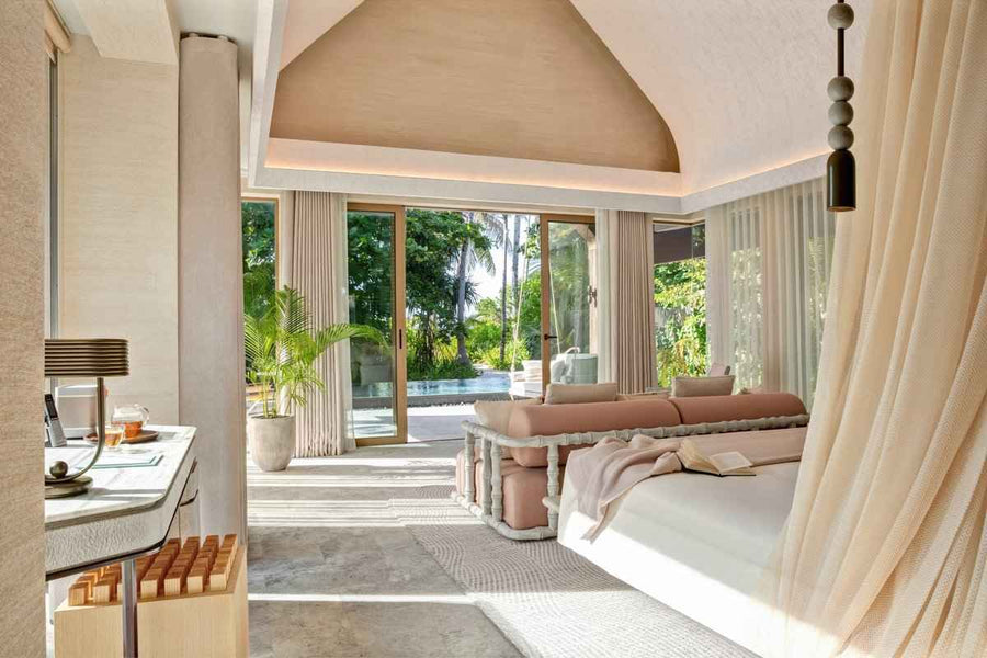 The bedroom of a Beach Pool Villa at JOALI BEING.