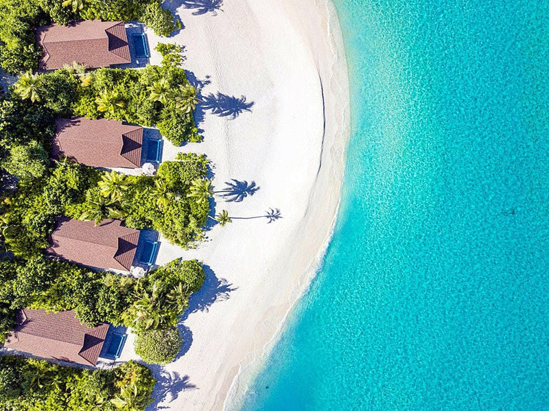 Beach villas at The Standard Huruvalhi from above, small blue pools tucked among palms on the sand.