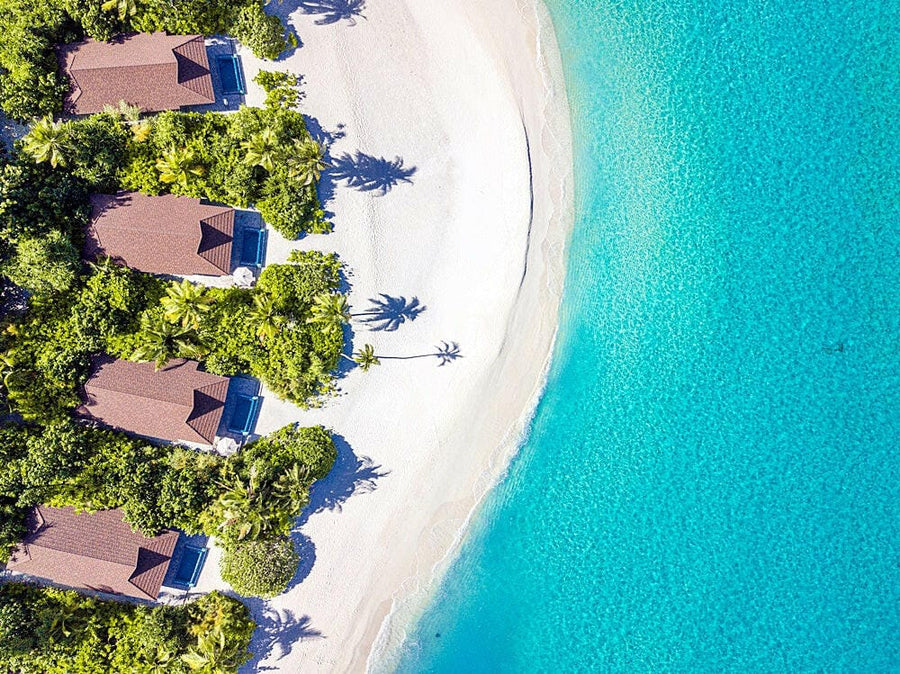 Beach villas at The Standard Huruvalhi from above, small blue pools tucked among palms on the sand.
