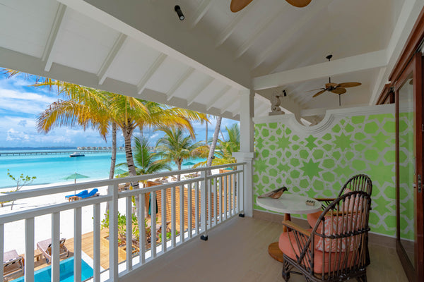 Another view of the terrace of a Sky Room at SAii Lagoon Maldives.