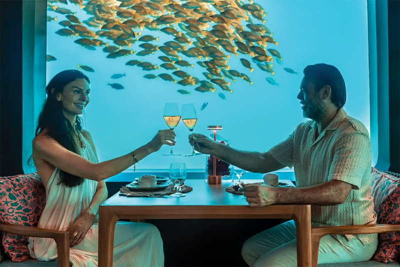 A couple raising glasses at a window table in BUBBLE at Meyyafushi Maldives, fish crossing the glass