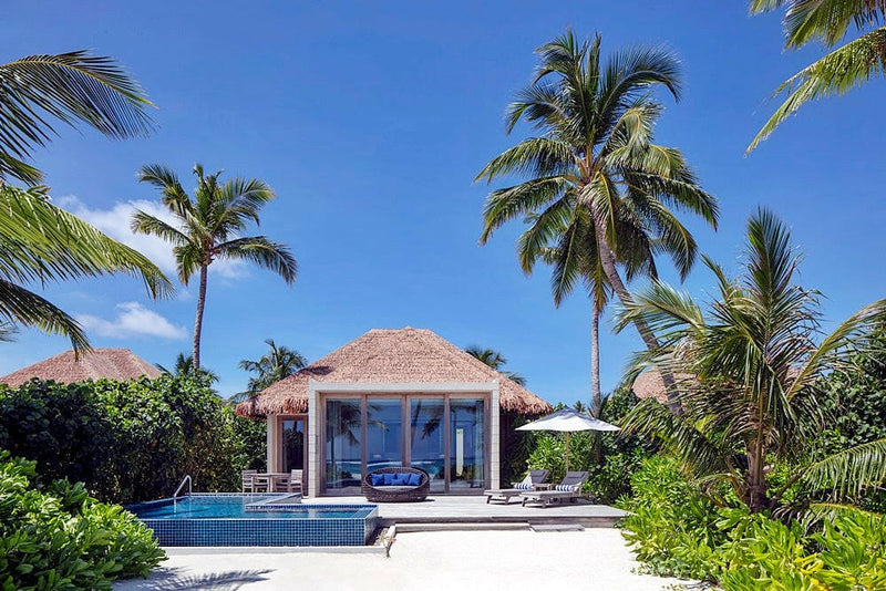 A thatched beach villa at Radisson Blu Maldives, pool and loungers on the sand between tall palms.