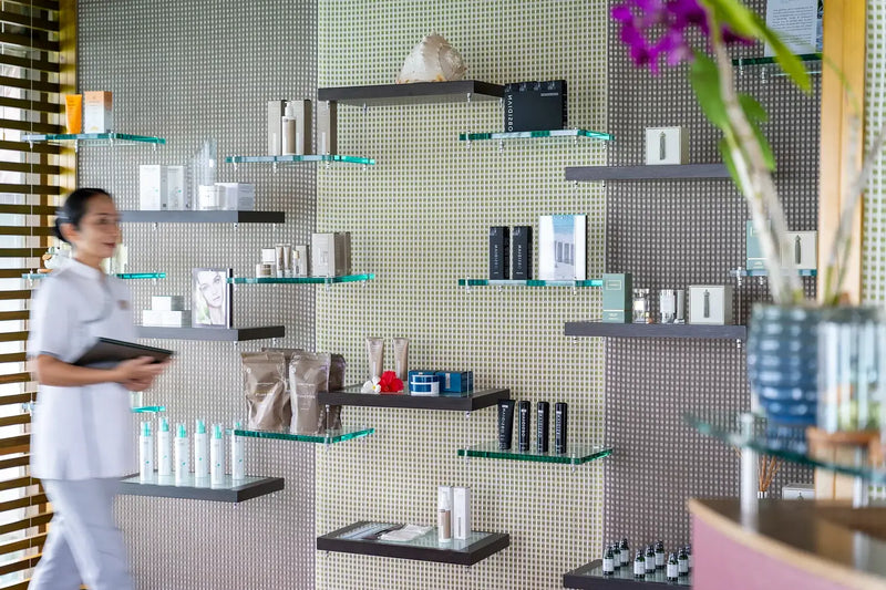 The spa retail display at Niva Velassaru Maldives.