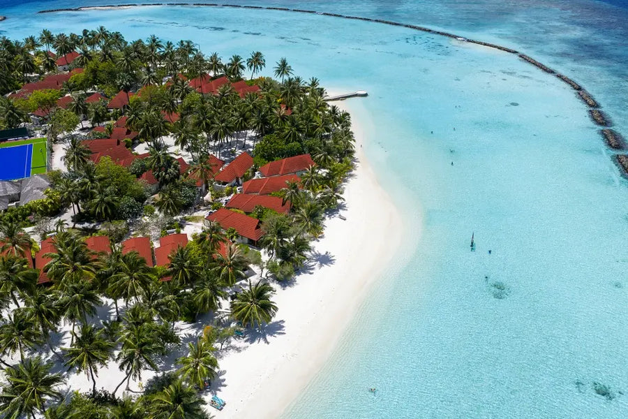 The lagoon bungalows at Niva Kurumba Maldives from the air.