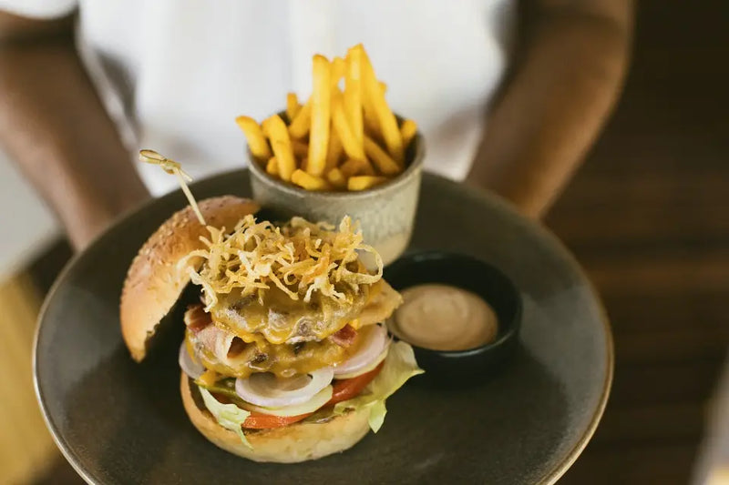 A burger at the cafe at Niva Kurumba Maldives.