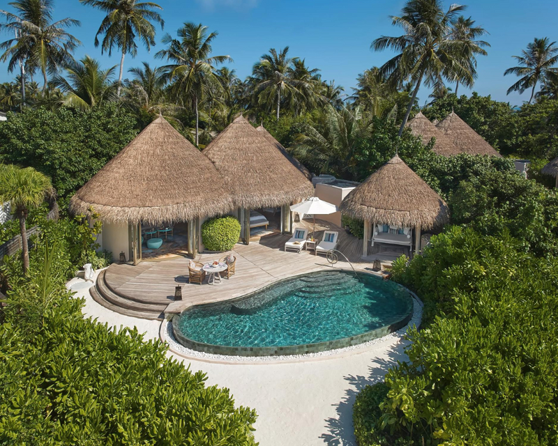 A Beach House with Private Pool at The Nautilus Maldives from the air.