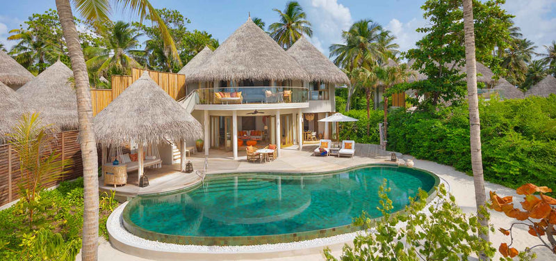 A Beach Residence with Private Pool at The Nautilus Maldives from the air.