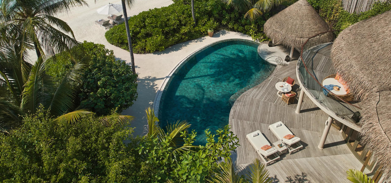 Another view of a Beach Residence with Private Pool at The Nautilus Maldives from the air.