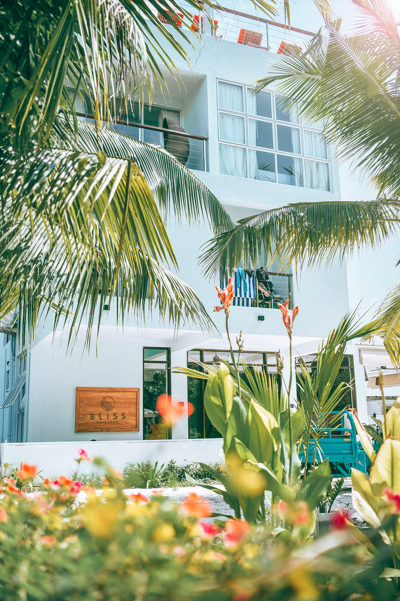 Entrance to Bliss Dhigurah with the hotel sign, palms and flowering plants
