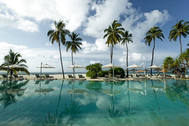 Constance Halaveli, North Ari Atoll: the main pool lined with palms and umbrellas, the sea beyond