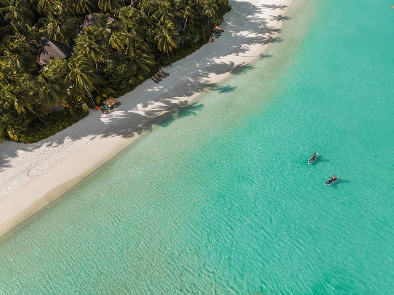 Constance Halaveli, North Ari Atoll: two snorkellers in the clear lagoon just off the beach, seen from above
