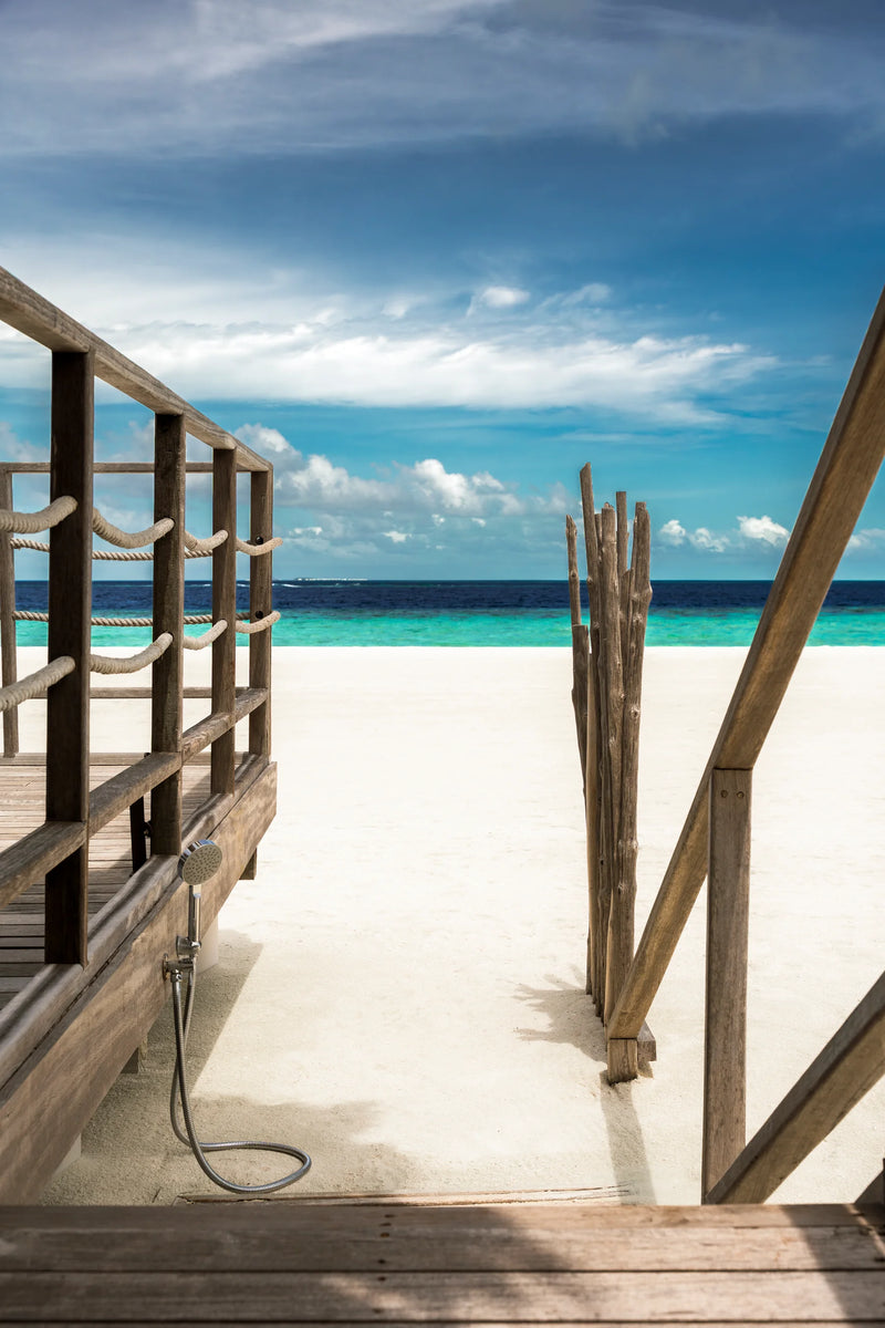 Constance Moofushi, South Ari Atoll: steps from a Senior Sand Villa deck straight down onto the white sand