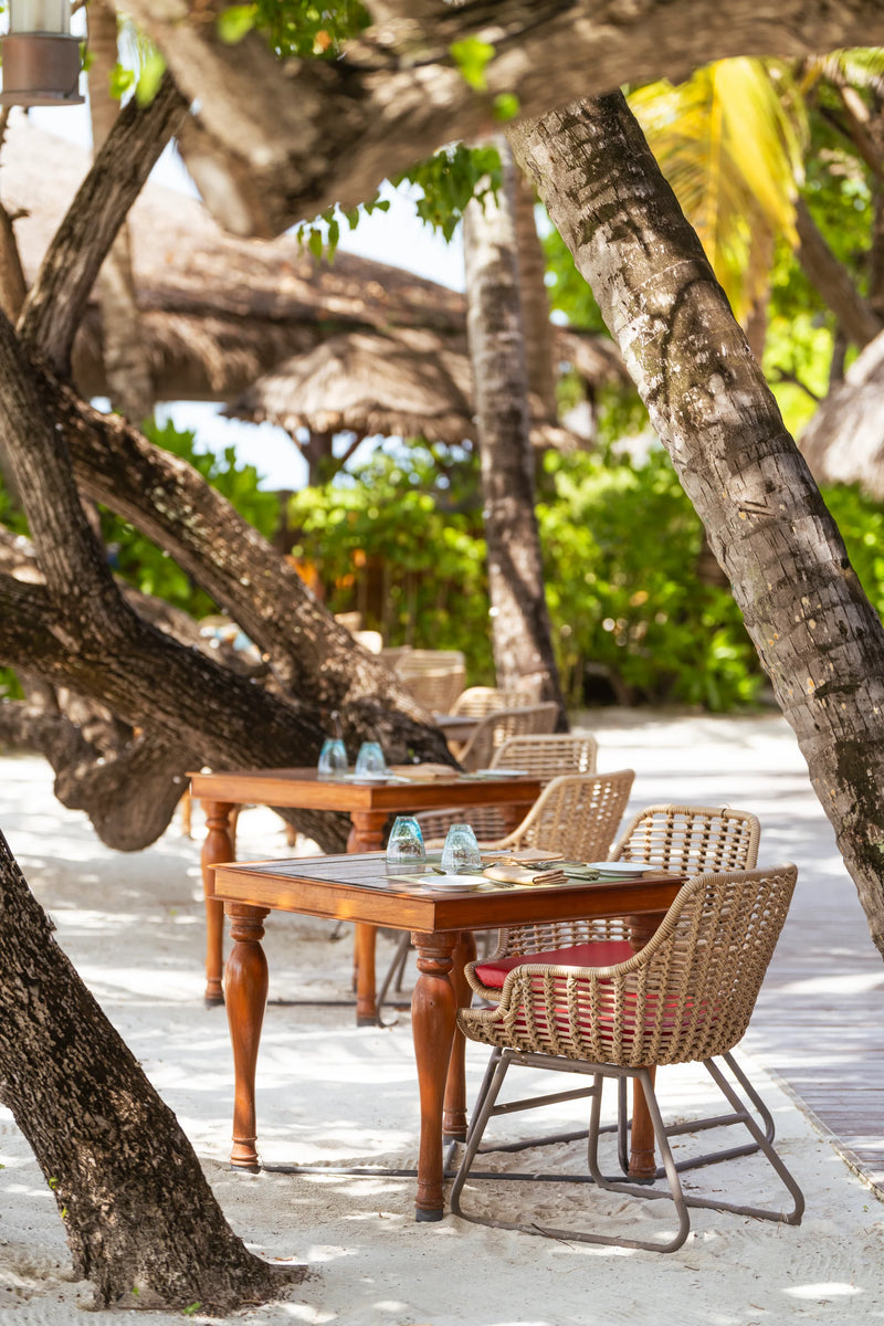 Constance Moofushi, South Ari Atoll: wicker chairs and laid tables in the shade of trees on the beach