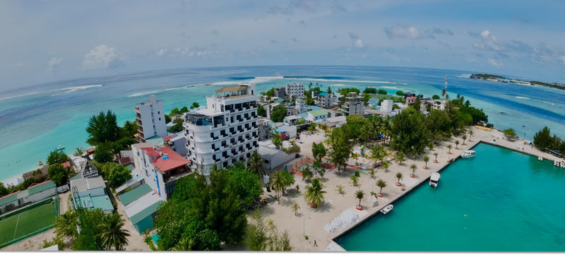 Aerial view over Gulhi island and its harbour