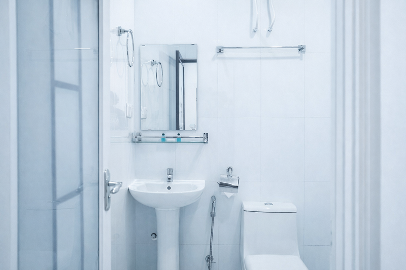 White bathroom with a washbasin, mirror and toilet at Nala Island Village