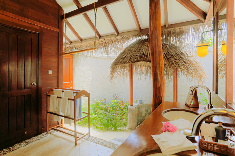The bathroom of a Beach Villa at Medhufushi Island Resort.
