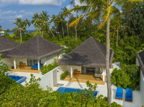 A Beach Pool Villa at Dusit D2 Feydhoo Maldives, seen from the air.