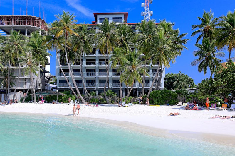 Maafushi beach and lagoon in front of the Kaani Grand Seaview building
