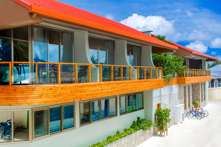 Front of Kaani Village & Spa with its wooden balconies