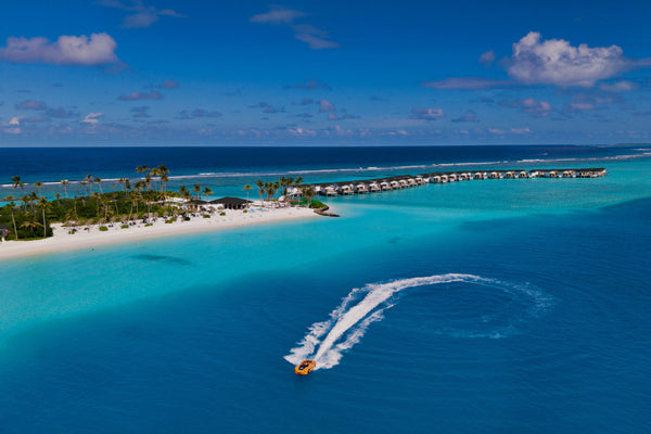 The island and the arrival jetty at Joy Island from the air.