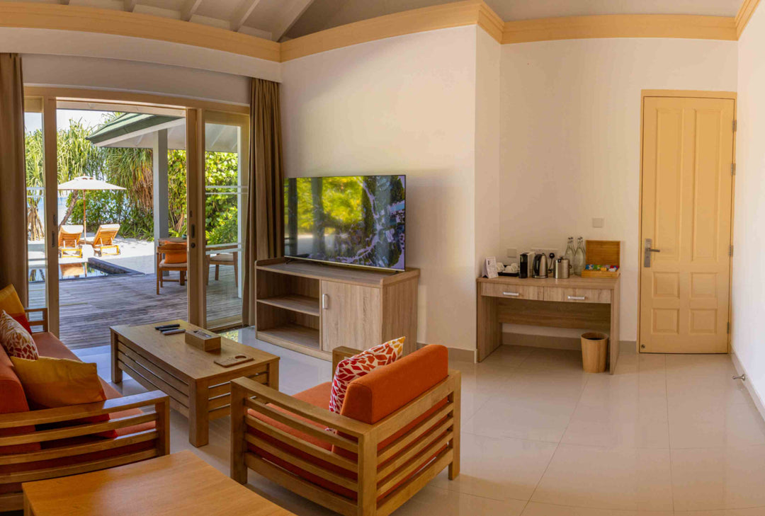 Panoramic view across the lagoon and overwater villas at Siyam World, Noonu Atoll, Maldives