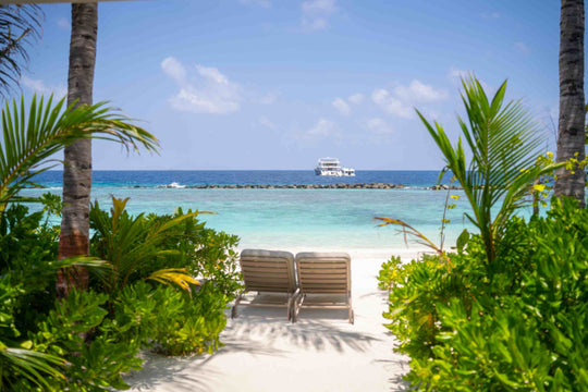 The beach at ananea Madivaru Maldives seen from a villa garden, sun loungers on the sand and a boat on the reef