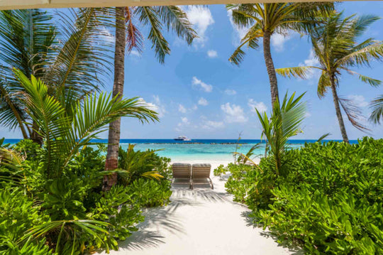 The beach in front of a villa at ananea Madivaru Maldives, sun loungers on the sand framed by palms