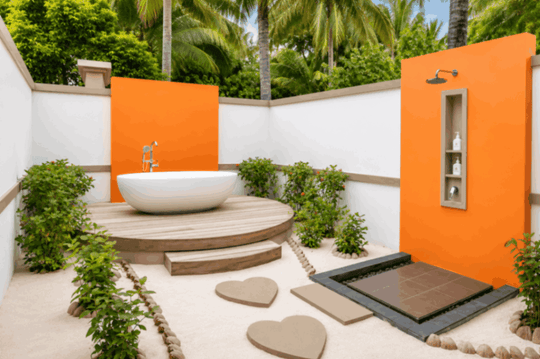Angsana Velavaru, Dhaalu Atoll — outdoor bathtub and shower in a walled garden, with an orange feature panel and stepping stones