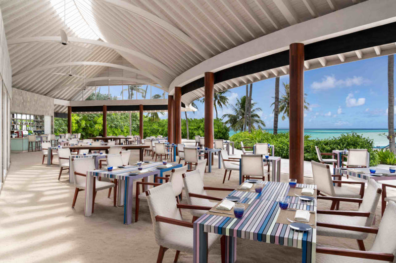 Interior of BLU, the overwater restaurant at Niyama Private Islands